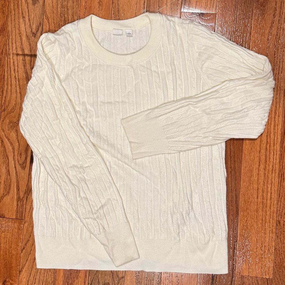 GAP CashSoft Cable Knit Crewneck Sweater Large White/Ivory - Picture 2 of 4